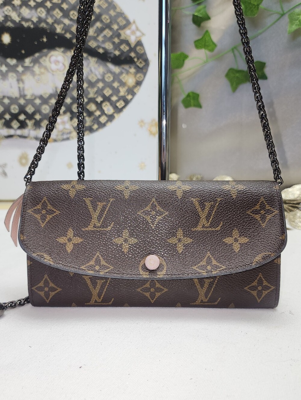 Authentic Louis Vuitton Monogram Emilie Wallet Rose Ballerine W Unbranded Chain